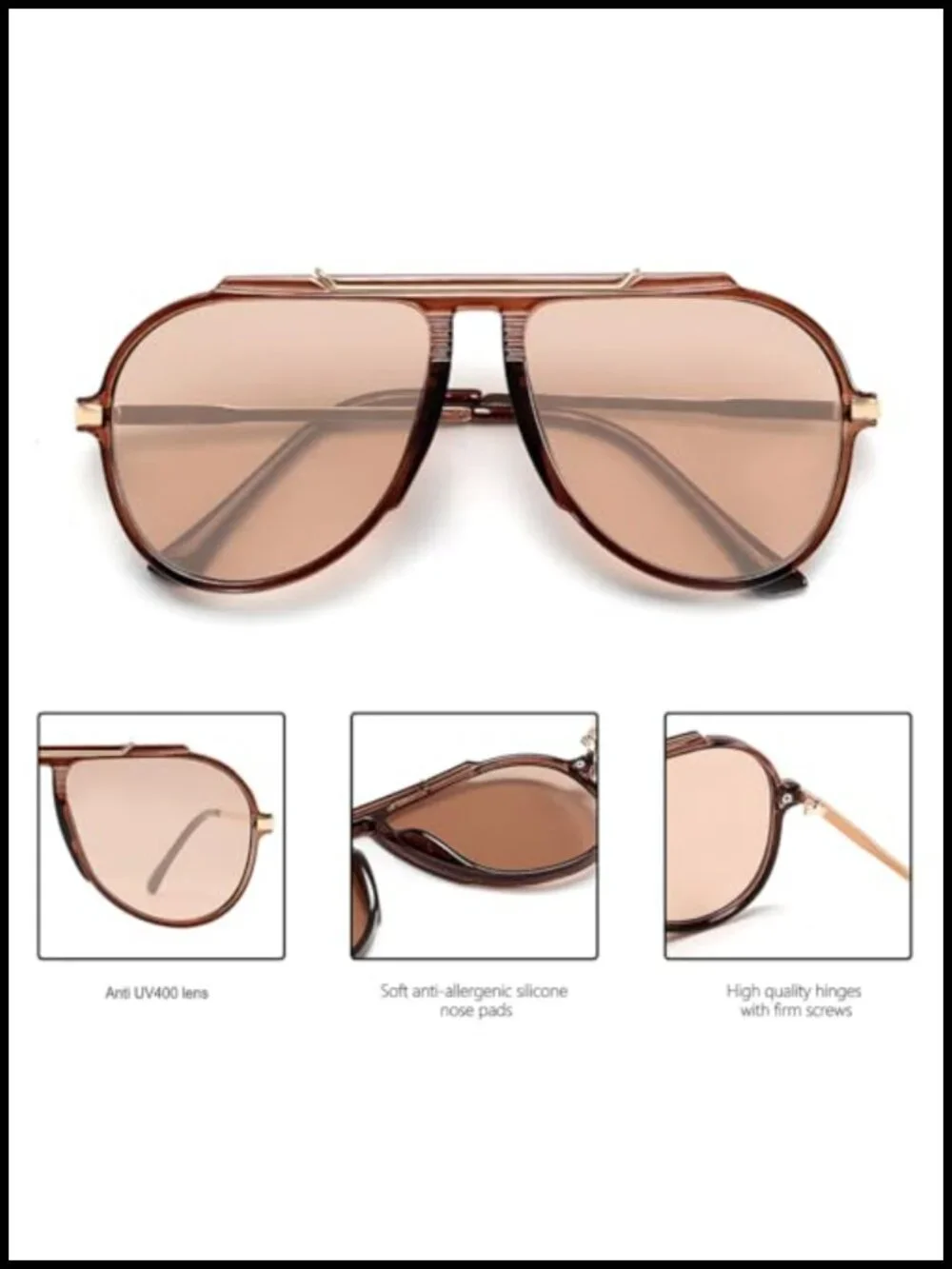 Oversized Aviator Sunglasses Gold Metal Retro 70s Tangle-Free UV400
